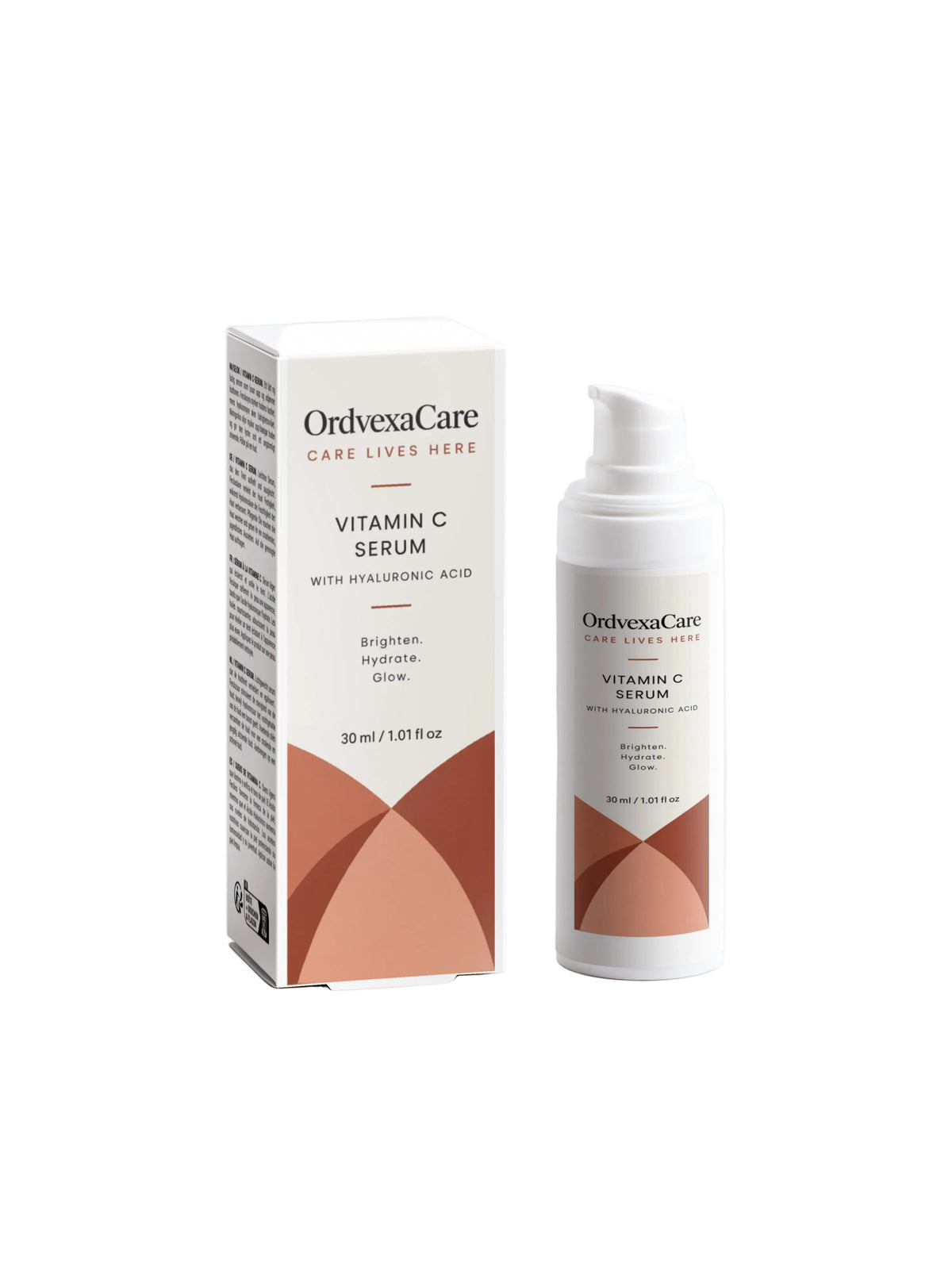 OrdvenaCare Vitamin C Serum shown with its white and terracotta-colored retail box and matching pump bottle on a clean, light gray background.