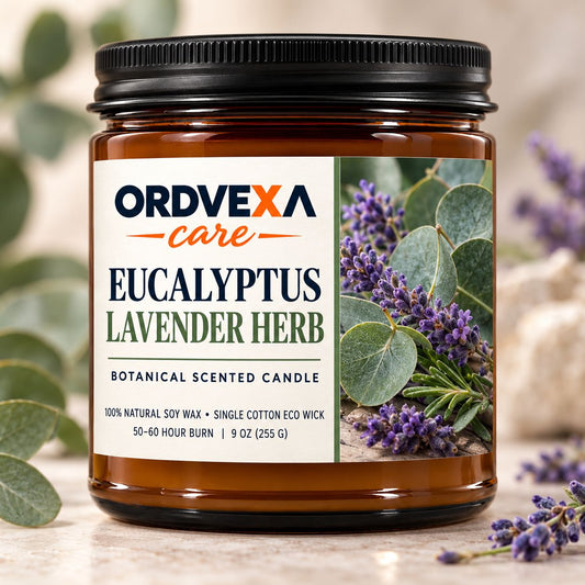 Ordvexa Care Eucalyptus Lavender Herb Scented Candle – 9 oz Natural Soy Wax Candle with Cotton Eco Wick, Fresh Botanical Candle for Birthdays and Home