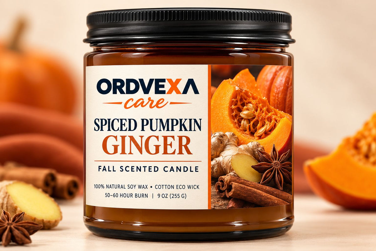 Ordvexa Care Spiced Pumpkin Ginger Fall Candle – 9 oz Natural Soy Wax Scented Candle with Cotton Eco Wick, 50–60 Hour Burn, Cozy Autumn Home Fragrance