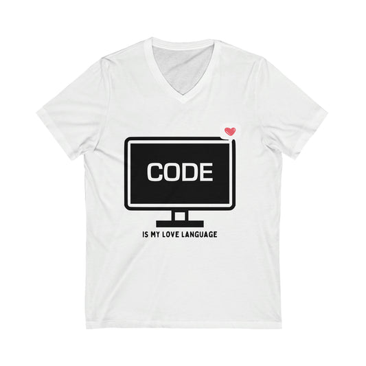 "Code Language" Unisex Jersey Short Sleeve V-Neck Tee